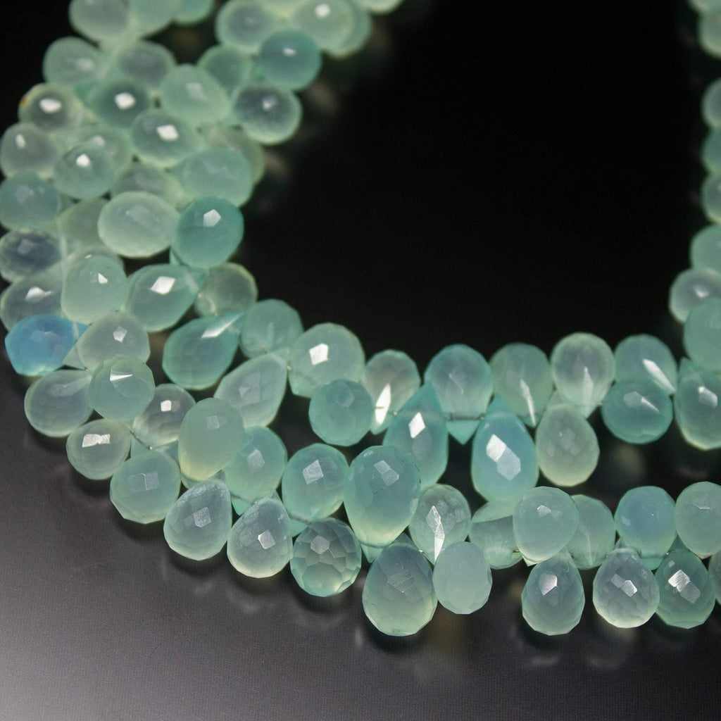 8 inches, 8mm, Aqua Blue Chalcedony Faceted Tear Drop Briolette Loose Gemstone Beads - Jalvi & Co.