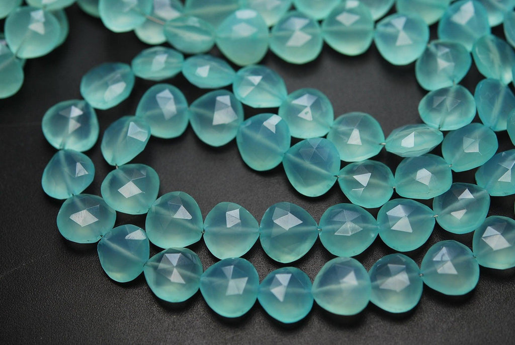 8 Inches Strand Aqua Chalcedony Faceted Full Drilled Heart Shape Briolette's, 11-12mm Size, - Jalvi & Co.