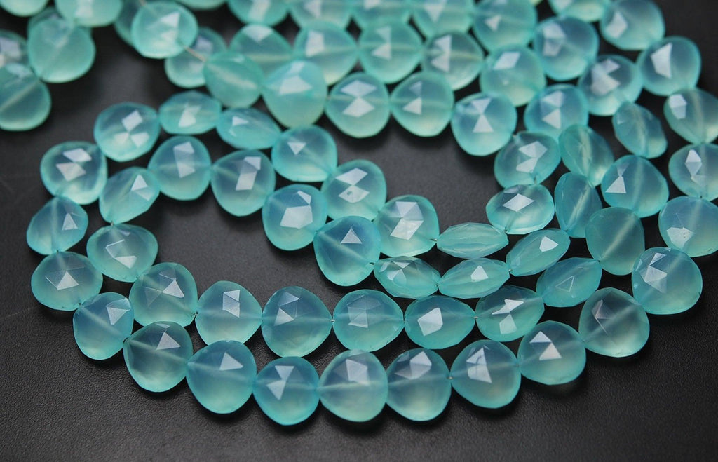 8 Inches Strand Aqua Chalcedony Faceted Full Drilled Heart Shape Briolette's, 11-12mm Size, - Jalvi & Co.