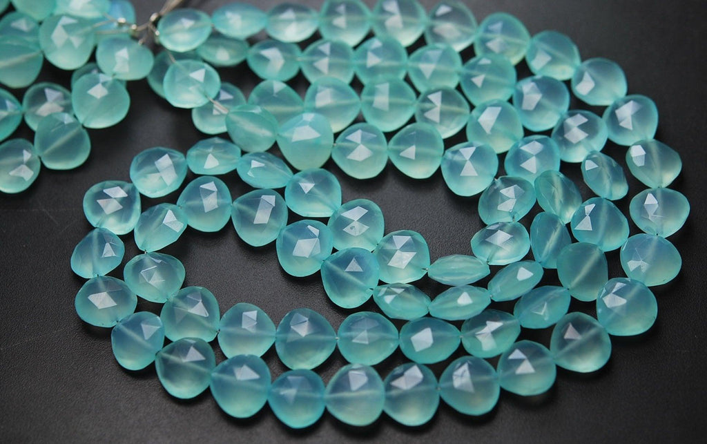 8 Inches Strand Aqua Chalcedony Faceted Full Drilled Heart Shape Briolette's, 11-12mm Size, - Jalvi & Co.