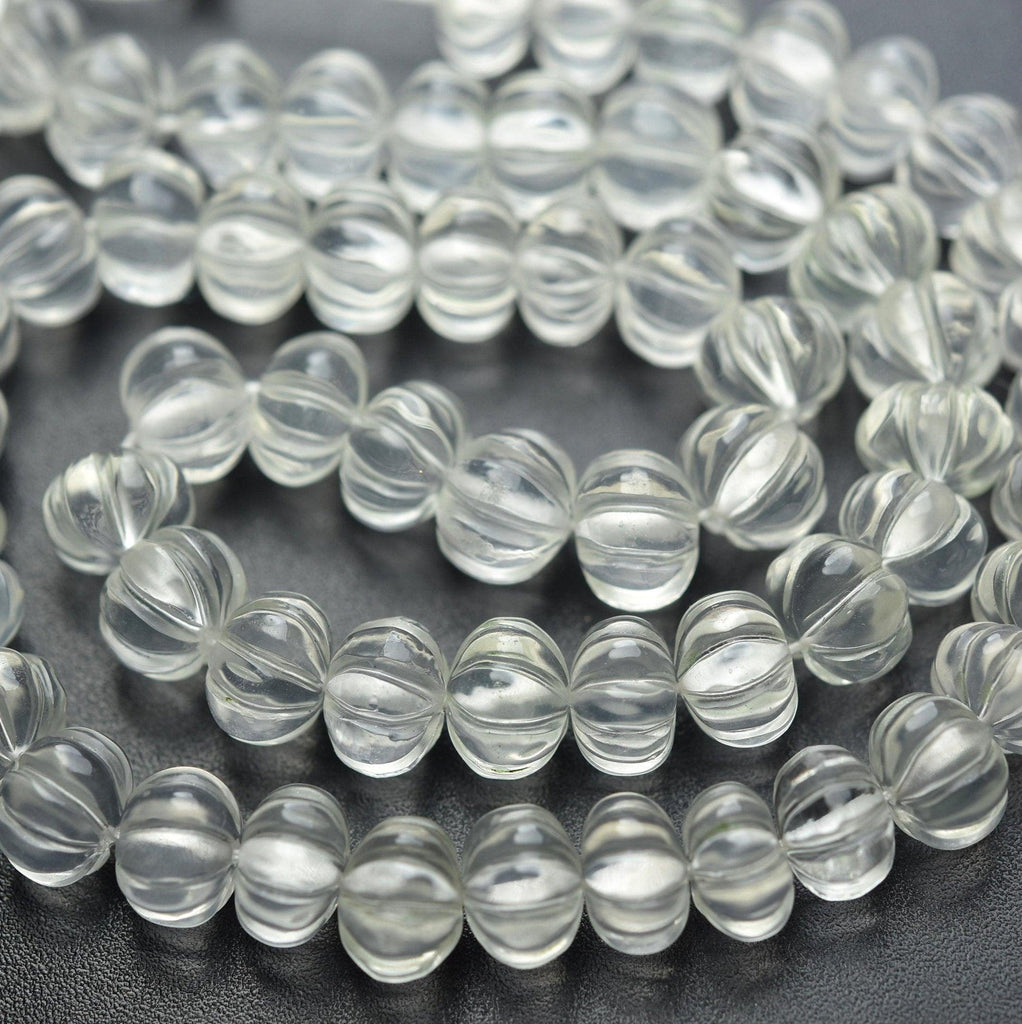 8 Inches Strand, Carved Melons Shape Beads 7-8mm Natural Ice Quartz - Jalvi & Co.