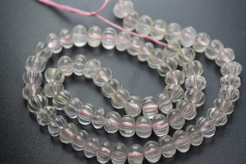 8 Inches Strand, Natural Rose Quartz Carved Melons Shape Beads 7-8mm - Jalvi & Co.