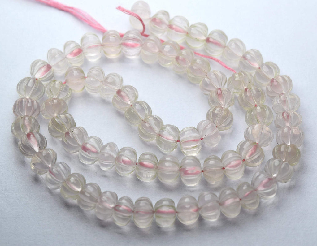 8 Inches Strand, Natural Rose Quartz Carved Melons Shape Beads 7-8mm - Jalvi & Co.