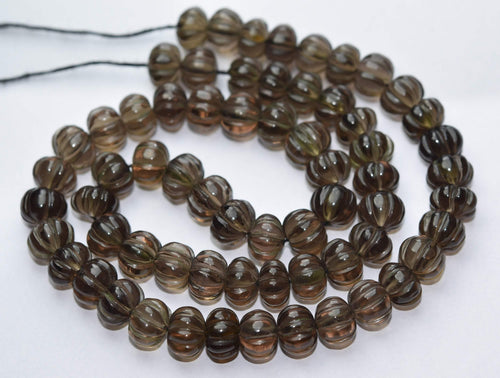 8 Inches Strand, Natural Smoky Quartz Carved Melons Shape Beads 7-8mm - Jalvi & Co.