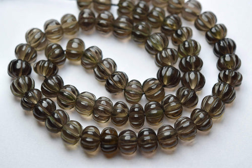 8 Inches Strand, Natural Smoky Quartz Carved Melons Shape Beads 7-8mm - Jalvi & Co.