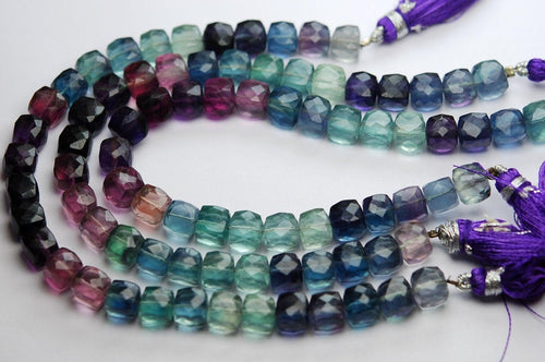 8 Inches Strand,Multi Color Natural Fluorite Faceted Box Shaped, 6-7mm Size, - Jalvi & Co.