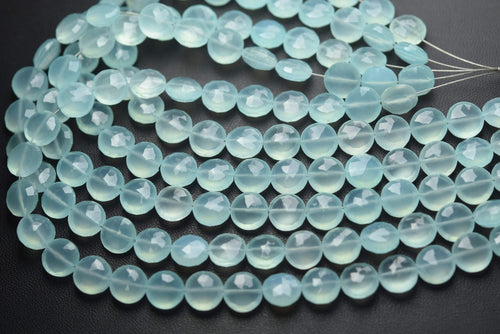 8 Inches Strand,Super Finest Best Color,Aqua Chalcedony Faceted Coins Briolettes 8mm Size - Jalvi & Co.