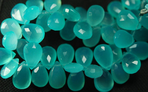 8 Inches, Super Finest Best Color Aqua Chalcedony Faceted Pear Briolettes 10X14mm Large Size - Jalvi & Co.