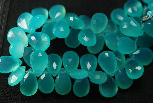 8 Inches, Super Finest Best Color Aqua Chalcedony Faceted Pear Briolettes 10X14mm Large Size - Jalvi & Co.