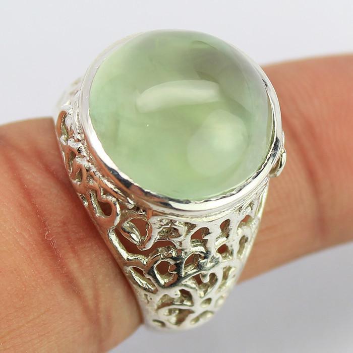 9.17g, Handmade Natural Green Prehnite Designer Round 925 Sterling Silver Ring, Prehnite Ring - Jalvi & Co.