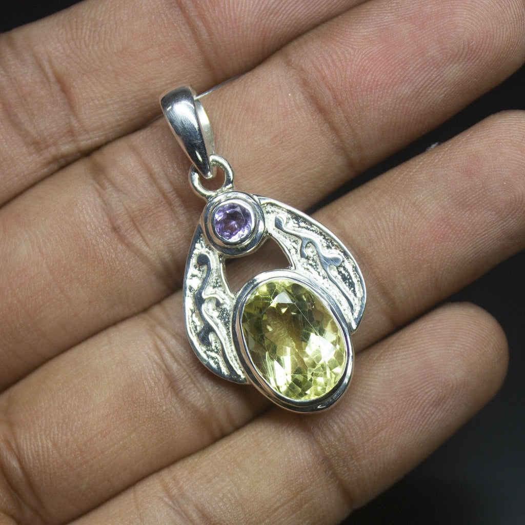 9.2gm Natural Lemon Quartz Amethyst Fancy Shape 925 Sterling Silver Bezel Pendant, Quartz Pendant - Jalvi & Co.