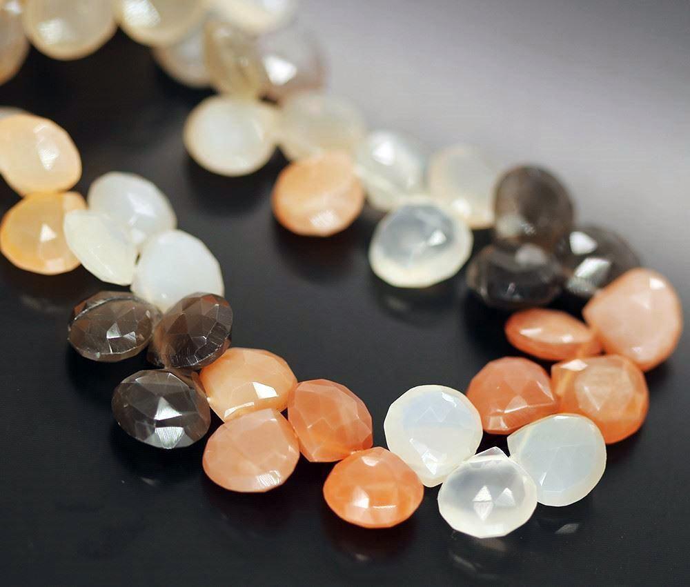 9 inches, 10-11mm Multi Moonstone Faceted Loose Heart Drop Gemstone Craft Bead Strand - Jalvi & Co.