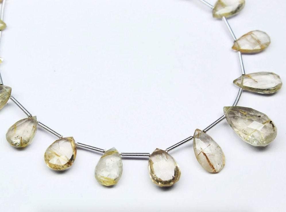 9 Inches, 10-16mm, Natural Golden Rutile Quartz Faceted Pear Drop Briolette Beads Strand - Jalvi & Co.