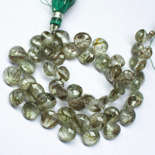 9 inches, 6-9mm, Natural Green Rutile Quartz Faceted Heart Drops Briolette Beads - Jalvi & Co.
