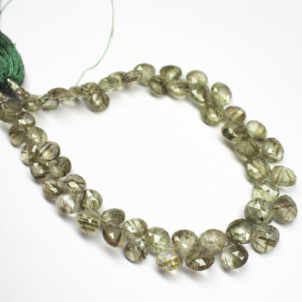 9 inches, 6-9mm, Natural Green Rutile Quartz Faceted Heart Drops Briolette Beads - Jalvi & Co.