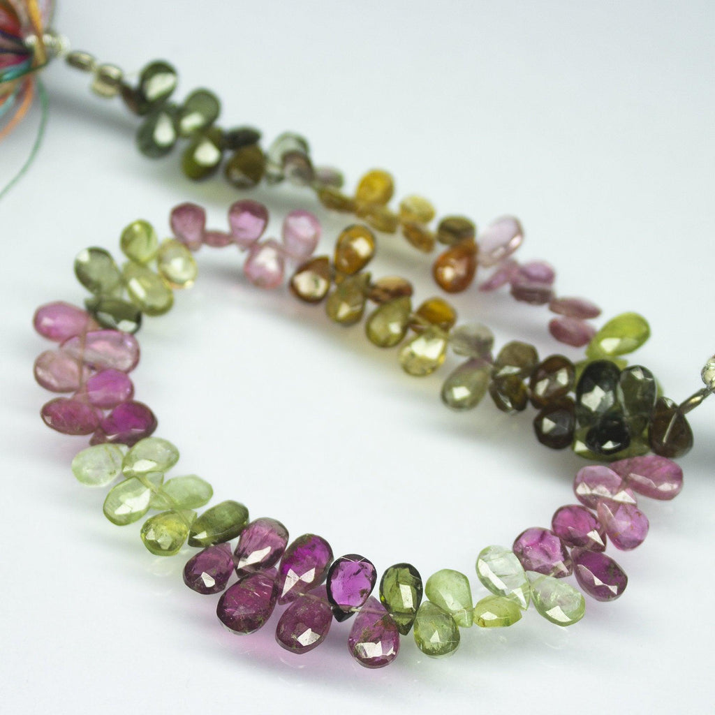 9 inches, 7mm, Natural Multi Tourmaline Faceted Pear Drop Briolette Beads, Tourmaline Beads - Jalvi & Co.