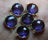 92.5 Silver Vermeil Purple Amethyst Quartz Faceted Coins Shape Pendant Connector 24K Gold Plated, 5 Piece Of 26mm