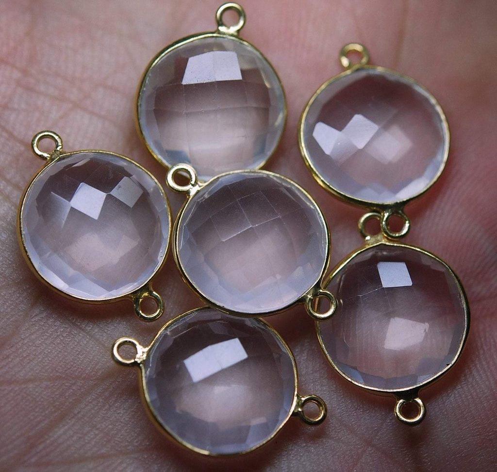 92.5 Silver Vermeil Rose Quartz Faceted Pendant Connector 24K Gold Plated, 2 Piece Of 23mm - Jalvi & Co.