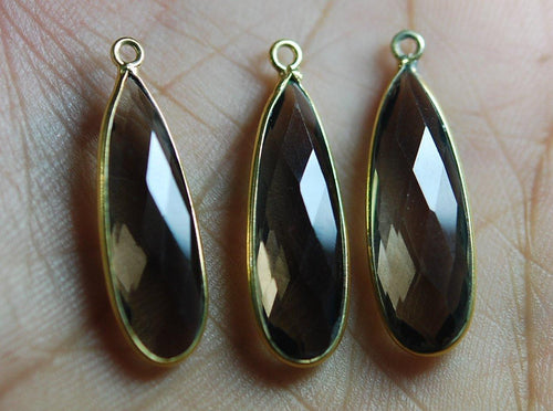 92.5 Silver Vermeil Smoky Quartz Faceted Long Pear Stone Pendant 24K Gold Plated, 1 Piece Of 23mm - Jalvi & Co.