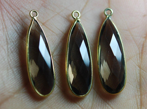 92.5 Silver Vermeil Smoky Quartz Faceted Long Pear Stone Pendant 24K Gold Plated, 1 Piece Of 23mm - Jalvi & Co.