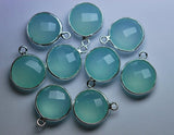 92.5 Sterling Silver, Aqua Chalcedony Faceted Coins Shape Connector, 10 Piece Of 19mm