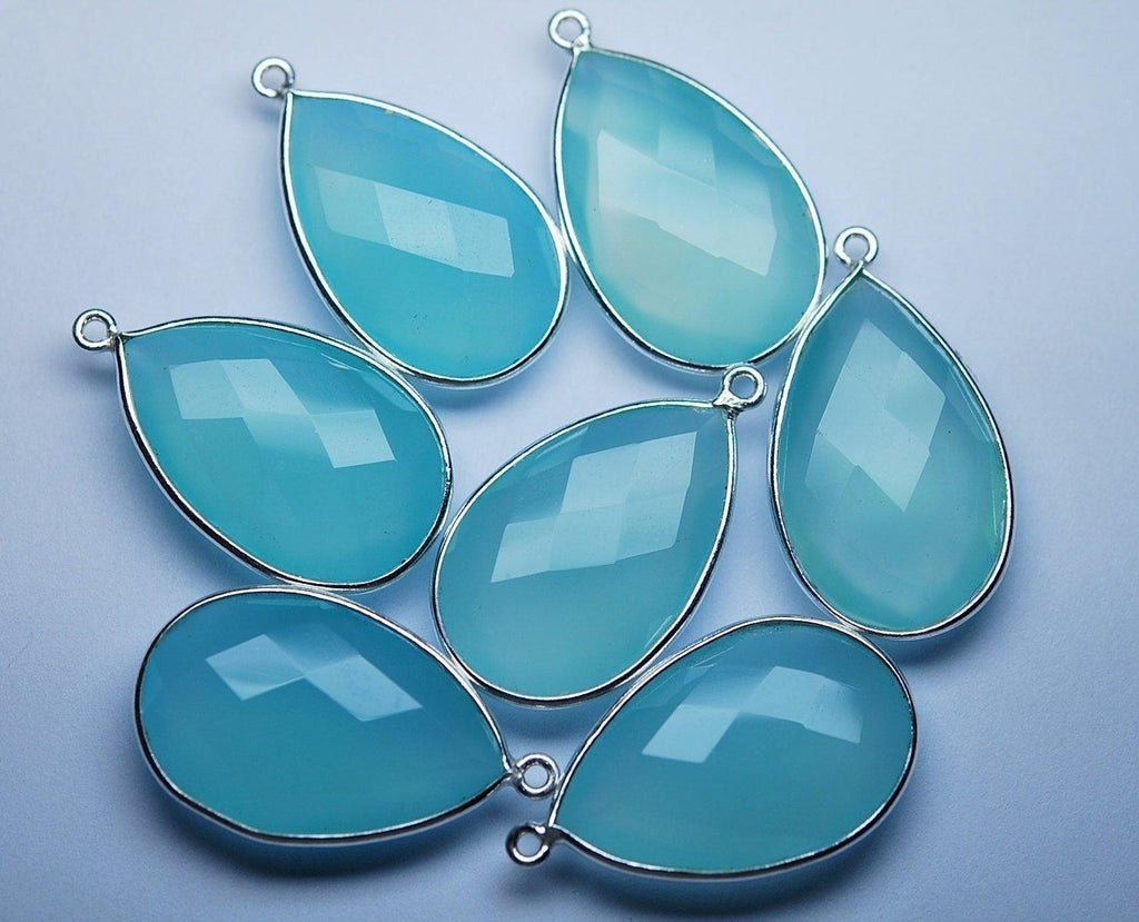 92.5 Sterling Silver Aqua Chalcedony Faceted Pear Shape Pendant, 2 Piece Of 28mm - Jalvi & Co.