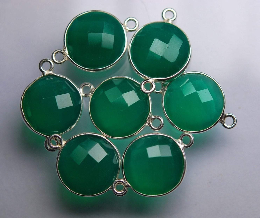 92.5 Sterling Silver Green Onyx Faceted Coins Shape Connector, 10 Piece Of 17mm - Jalvi & Co.