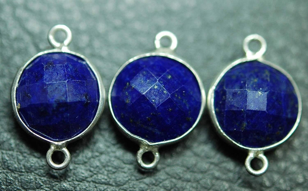 92.5 Sterling Silver Lapis Lazuli Faceted Coins Shape Connector Pendant, 7 Piece Of 23mm - Jalvi & Co.