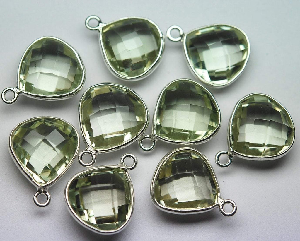 92.5 Sterling Silver, Natural Green Amethyst Faceted Heart Shape Connector, 5 Piece Of 16mm - Jalvi & Co.
