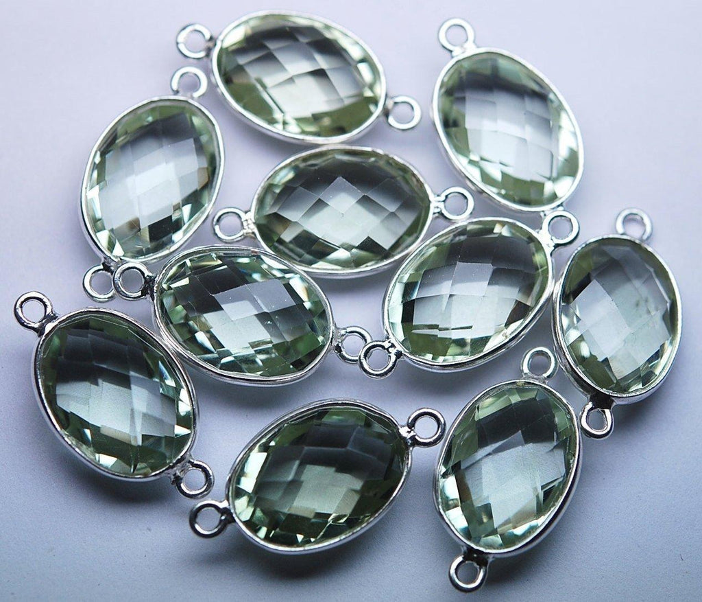 92.5 Sterling Silver, Natural Green Amethyst Faceted Oval Shape Connector, 5 Piece Of 21mm - Jalvi & Co.