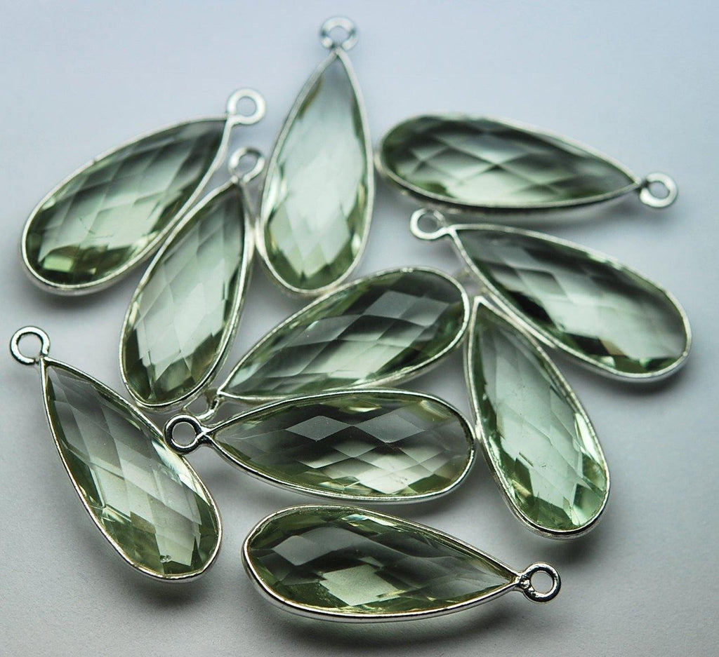 92.5 Sterling Silver, Natural Green Amethyst Faceted Pear Shape Connector, 10 Piece Of 23mm - Jalvi & Co.