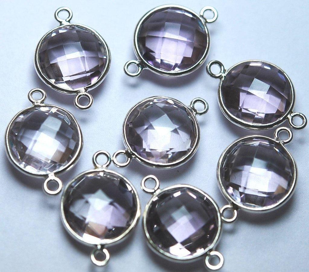 92.5 Sterling Silver, Natural Pink Amethyst Faceted Coins Shape Connector, 2 Piece Of 17mm - Jalvi & Co.