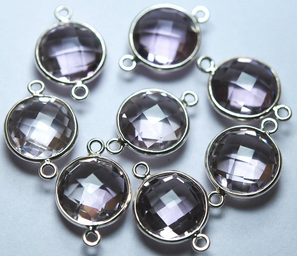 92.5 Sterling Silver, Natural Pink Amethyst Faceted Coins Shape Connector, 2 Piece Of 17mm - Jalvi & Co.