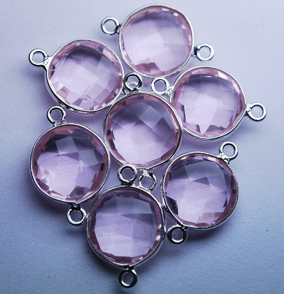 92.5 Sterling Silver Rose Pink Quartz Faceted Coins Shape Connector, 5 Piece Of 23mm - Jalvi & Co.