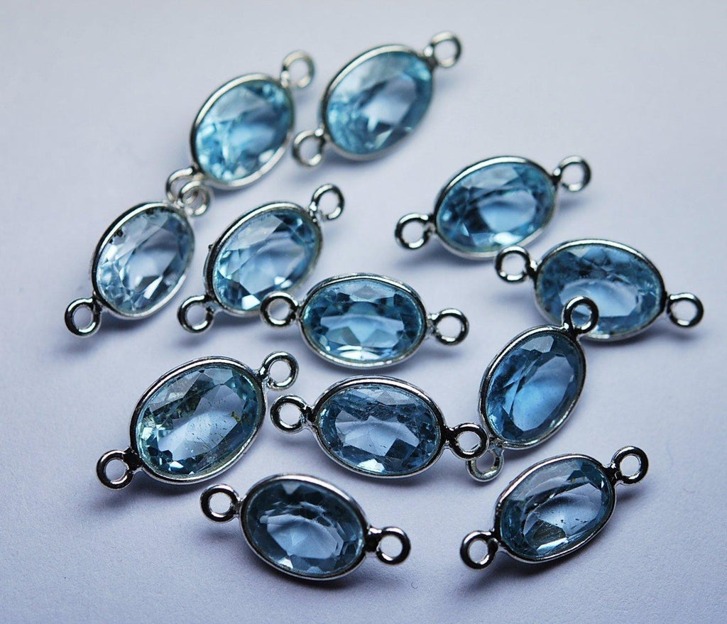92.5 Sterling Silver Sky Blue Topaz Faceted Oval Shape Connector, 6 Piece 14mm Approx - Jalvi & Co.