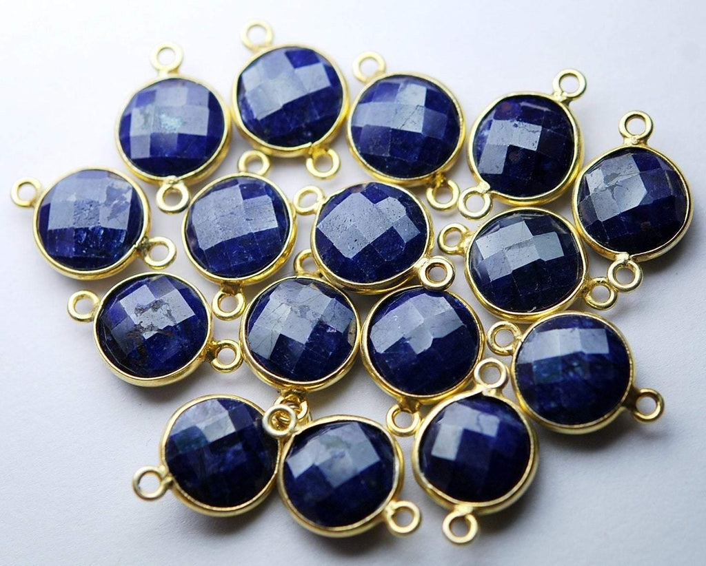 92.5 Sterling Silver Vermeil,Dyed Natural Blue Sapphire Faceted Coins Shape Connector, 2 Piece Of 17mm Approx - Jalvi & Co.