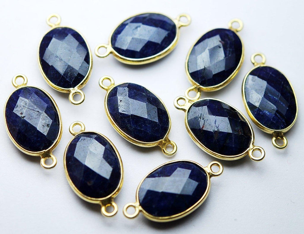 92.5 Sterling Silver Vermeil,Dyed Natural Blue Sapphire Faceted Oval Shape Connector, 2 Piece Of 19mm Approx - Jalvi & Co.