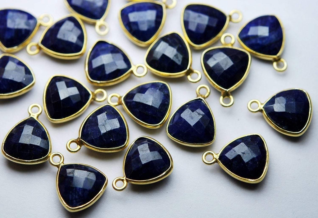 92.5 Sterling Silver Vermeil,Dyed Natural Blue Sapphire Faceted Trillion Shape Pendent, 2 Piece Of 14mm Approx - Jalvi & Co.