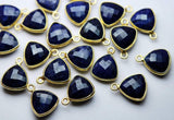 92.5 Sterling Silver Vermeil,Dyed Natural Blue Sapphire Faceted Trillion Shape Pendent, 2 Piece Of 14mm Approx