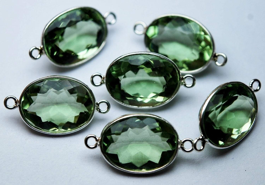 92.5 Sterling Silver,Green Amethyst Quartz Faceted Oval Shape Connector, 2 Piece Of 20mm Approx - Jalvi & Co.