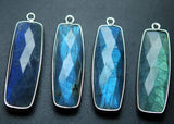 92.5 Sterling Silver,Labradorite Faceted Baguettes Shape Pendant, 2 Piece Of 23mm Approx