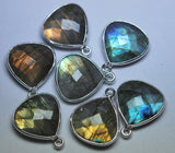 92.5 Sterling Silver,Labradorite Faceted Heart Shape Pendant, 5 Piece Of 18mm Approx