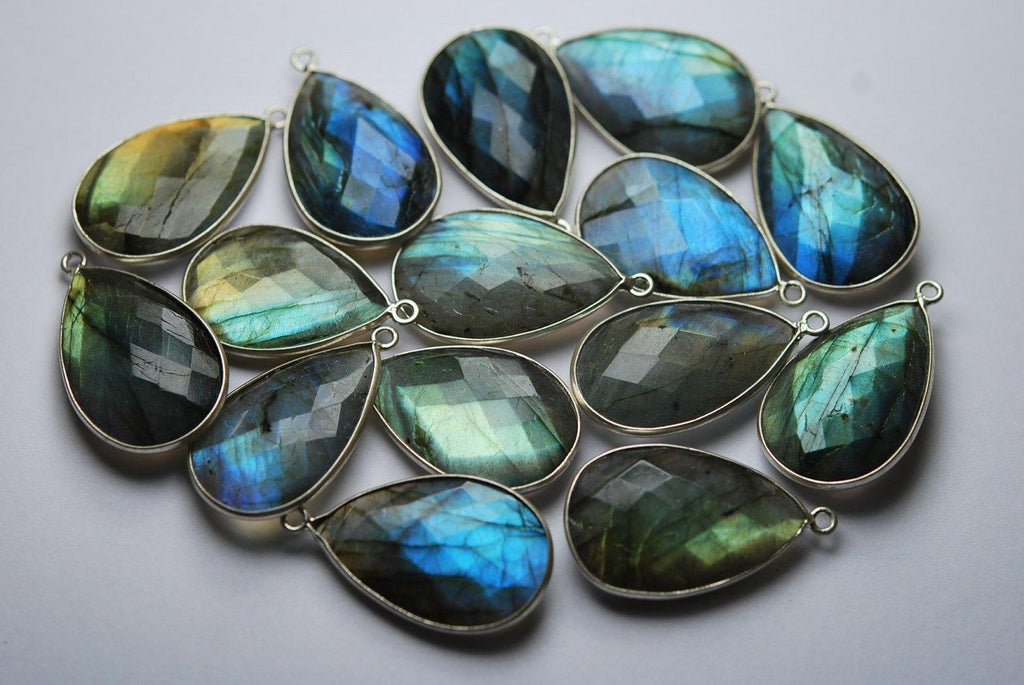 92.5 Sterling Silver,Labradorite Faceted Pear Shape Pendant, 2 Piece Of 28mm Approx - Jalvi & Co.