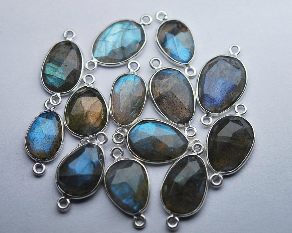 92.5 Sterling Silver,Labradorite Faceted Slice Shape Pendant Connector, 20 Piece Of 23-25mm Approx - Jalvi & Co.