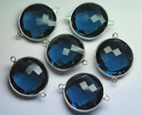 92.5 Sterling Silver,Matched Pairs,London Blue Quartz Faceted Coins Shape Pendant Connector, 5 Piece Of 23mm Approx