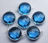 92.5 Sterling Silver,Matched Pairs,London Blue Quartz Faceted Coins Shape Pendant Connector, 5 Piece Of 23mm Approx