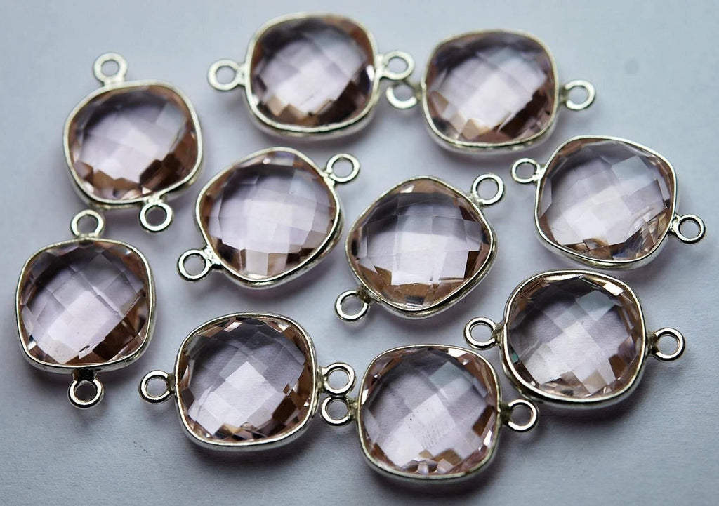 92.5 Sterling Silver,Pink Quartz Faceted Cushion Shape,Connector, 2 Piece Of 19mm Approx - Jalvi & Co.