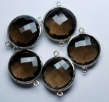 92.5 Sterling Silver,Smoky Quartz Faceted Coins Shape Connector, 5 Piece Of 26mm