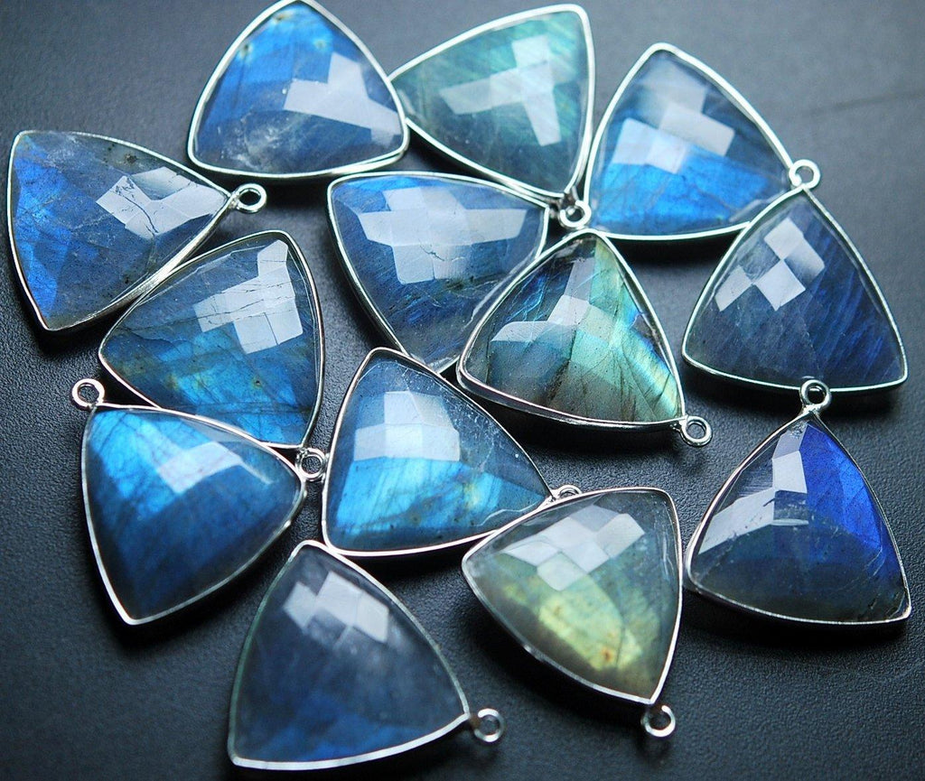 92.5 Sterling Silver,With Two Loop,Labradorite Faceted Trillion Shape Pendant, 15 Piece Of 19mm Approx - Jalvi & Co.