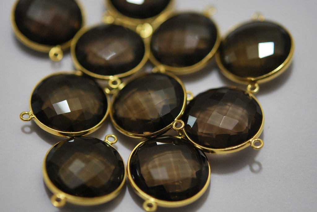 92.5 Sterling Vermeil Silver Gold Plated,Smoky Quartz Faceted Coins Shape Connector, 5 Piece Of 26mm - Jalvi & Co.